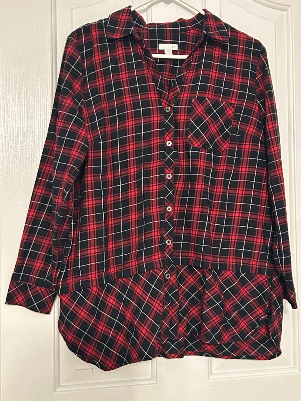 J.Jill Red and Black Plaid Button-Up Tunic Shirt Medium Petite EUC